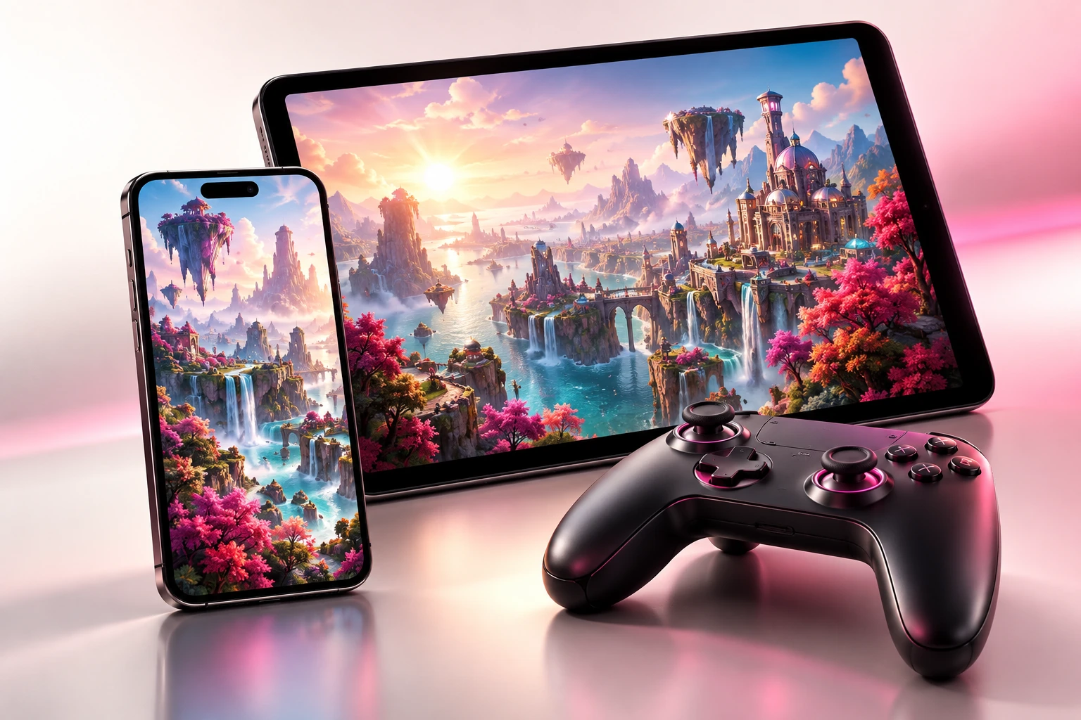 Mobile games on a smartphone and tablet, with a game controller
